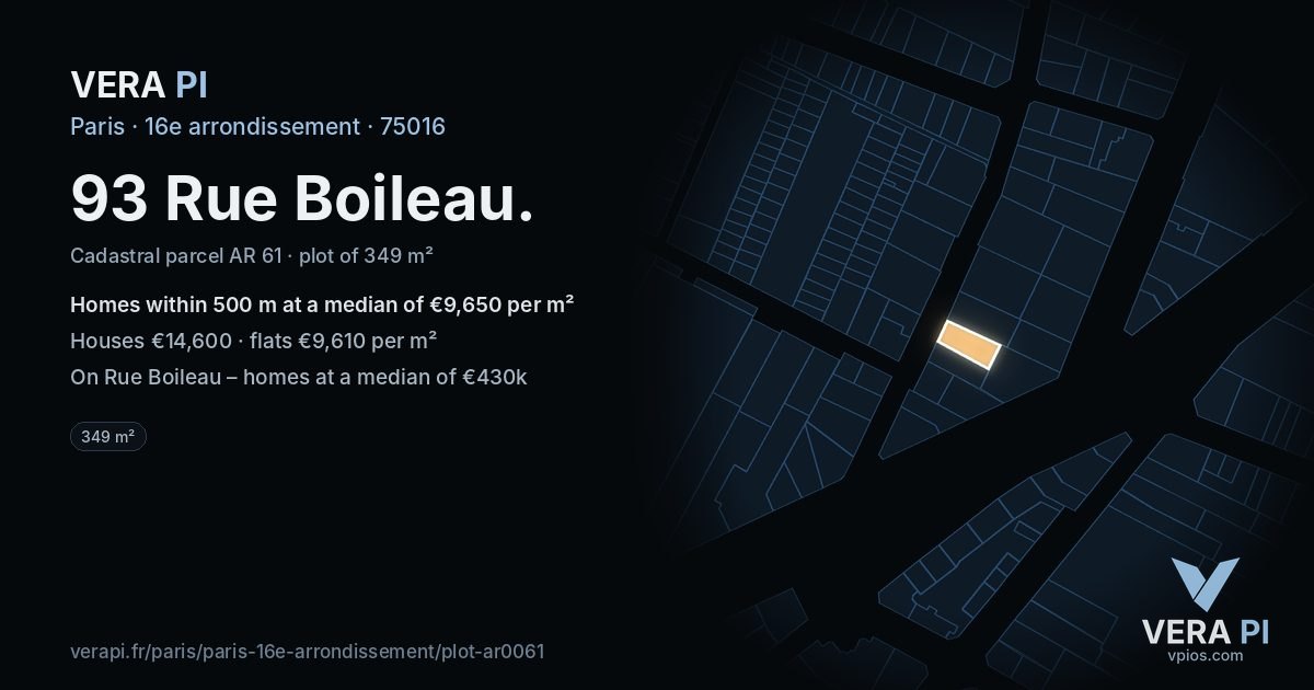 93 Rue Boileau, 16e arrondissement at night – the plot lit, the parcels around coloured by the prices near them