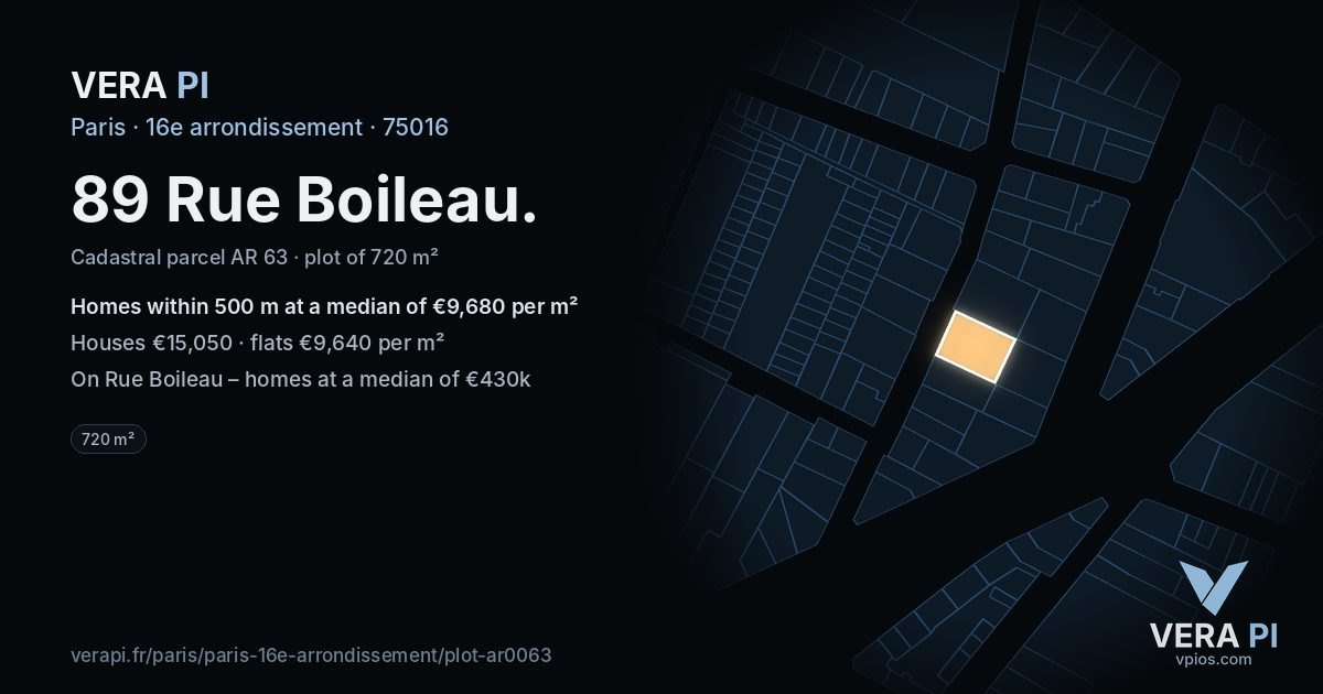 89 Rue Boileau, 16e arrondissement at night – the plot lit, the parcels around coloured by the prices near them