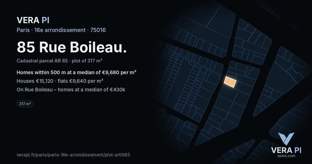 85 Rue Boileau, 16e arrondissement at night – the plot lit, the parcels around coloured by the prices near them