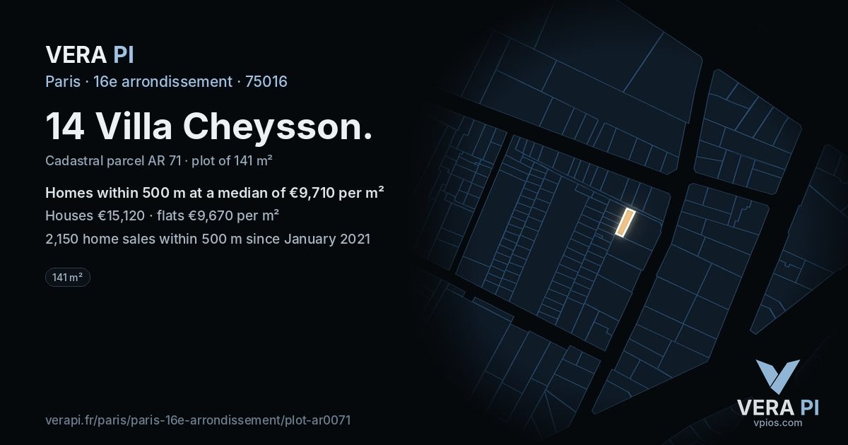 14 Villa Cheysson, 16e arrondissement at night – the plot lit, the parcels around coloured by the prices near them