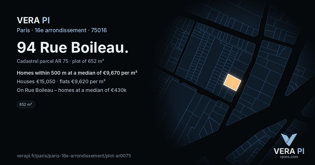 94 Rue Boileau, 16e arrondissement at night – the plot lit, the parcels around coloured by the prices near them
