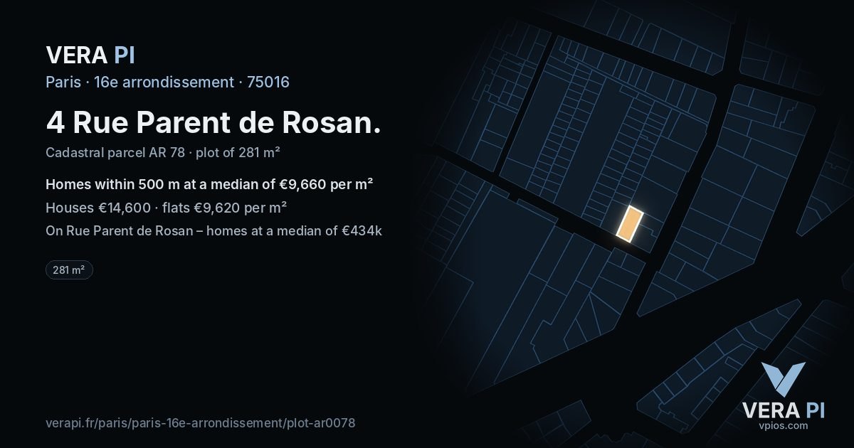 4 Rue Parent de Rosan, 16e arrondissement at night – the plot lit, the parcels around coloured by the prices near them