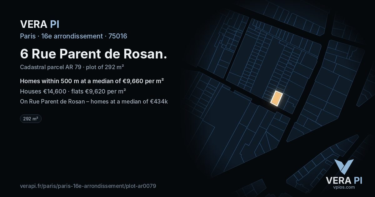 6 Rue Parent de Rosan, 16e arrondissement at night – the plot lit, the parcels around coloured by the prices near them