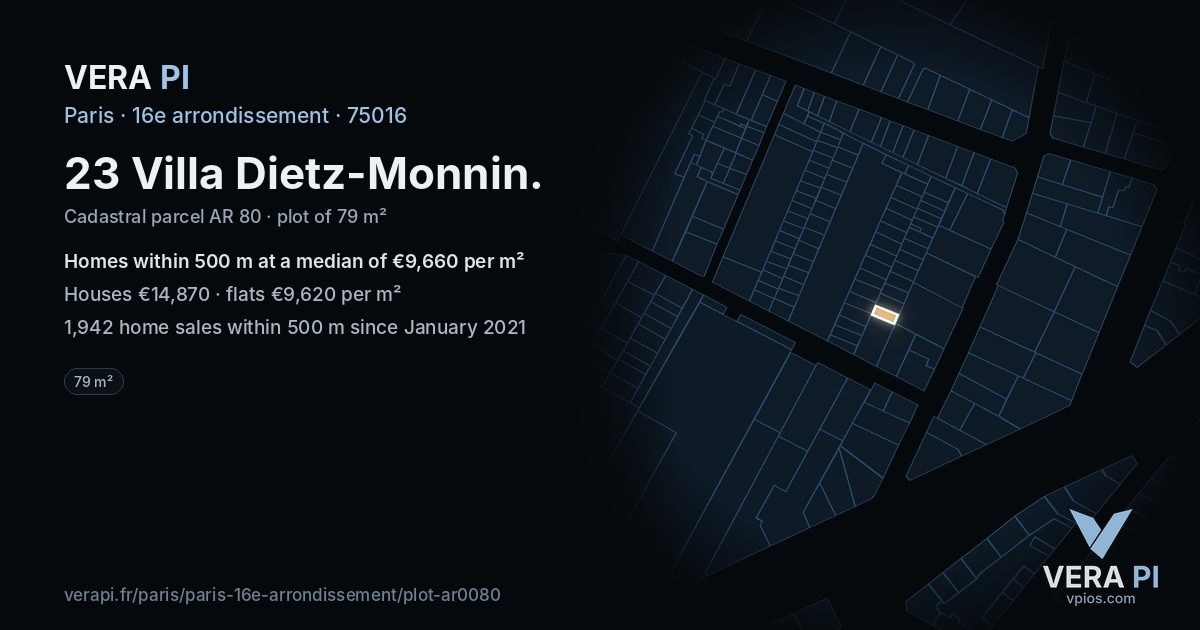 23 Villa Dietz-Monnin, 16e arrondissement at night – the plot lit, the parcels around coloured by the prices near them