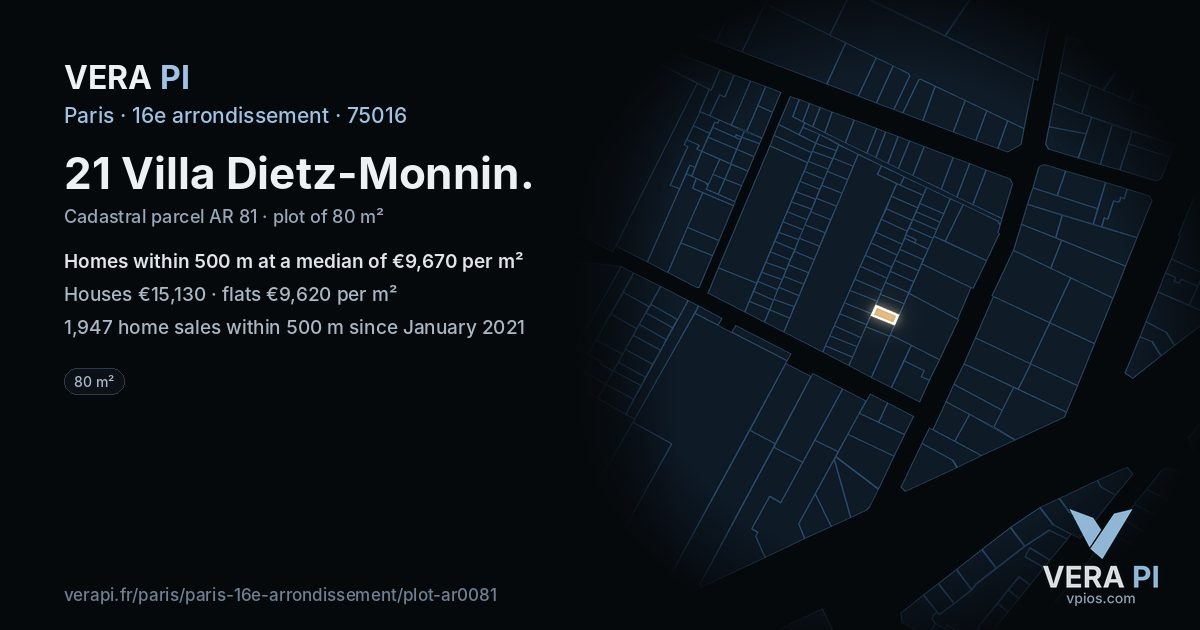21 Villa Dietz-Monnin, 16e arrondissement at night – the plot lit, the parcels around coloured by the prices near them