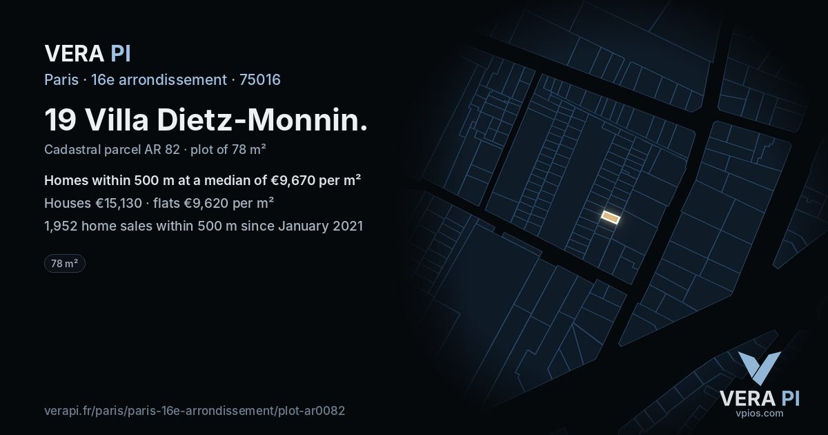 19 Villa Dietz-Monnin, 16e arrondissement at night – the plot lit, the parcels around coloured by the prices near them