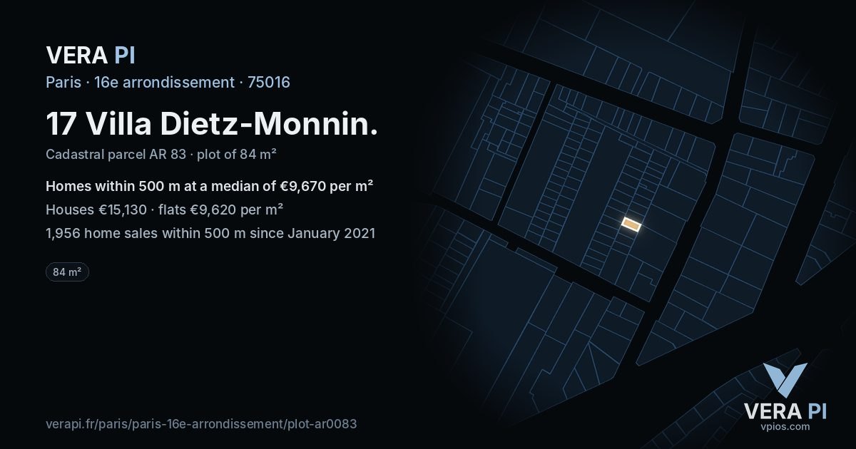 17 Villa Dietz-Monnin, 16e arrondissement at night – the plot lit, the parcels around coloured by the prices near them
