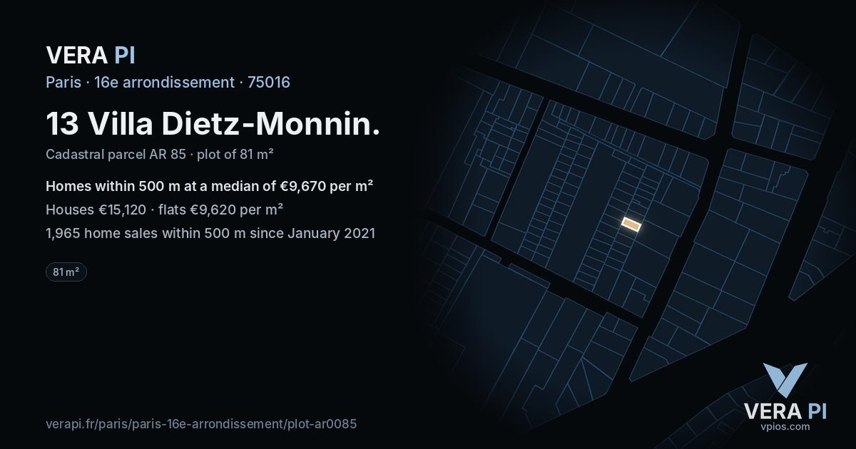 13 Villa Dietz-Monnin, 16e arrondissement at night – the plot lit, the parcels around coloured by the prices near them