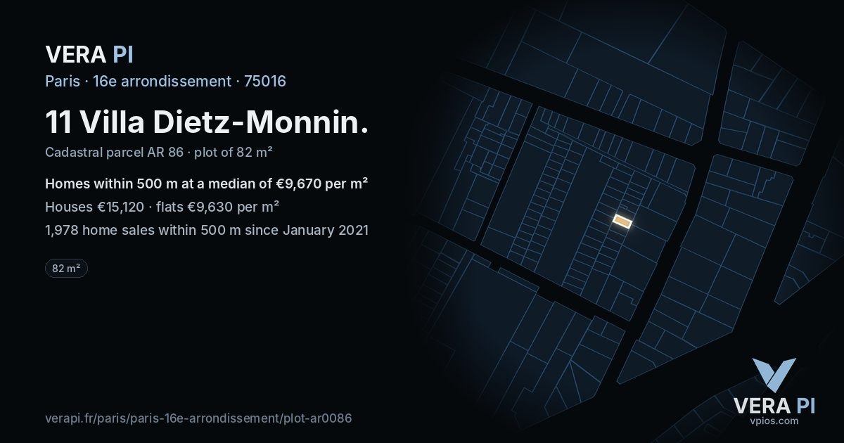 11 Villa Dietz-Monnin, 16e arrondissement at night – the plot lit, the parcels around coloured by the prices near them