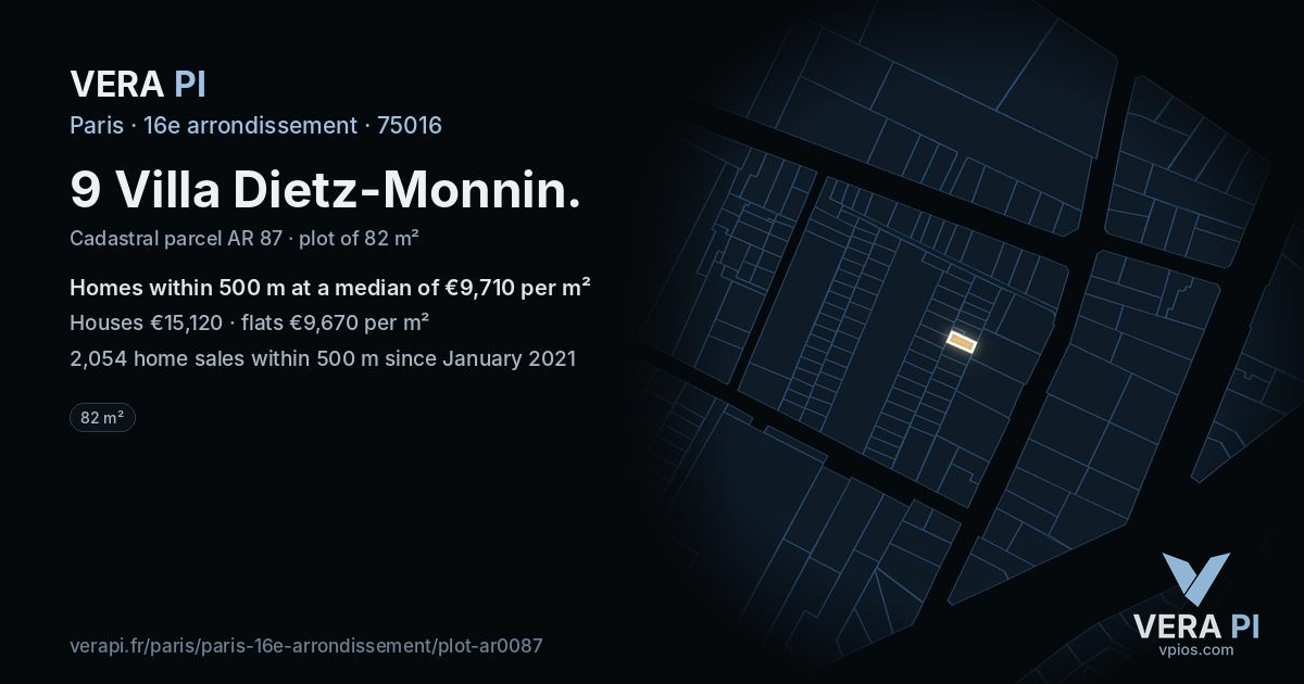 9 Villa Dietz-Monnin, 16e arrondissement at night – the plot lit, the parcels around coloured by the prices near them