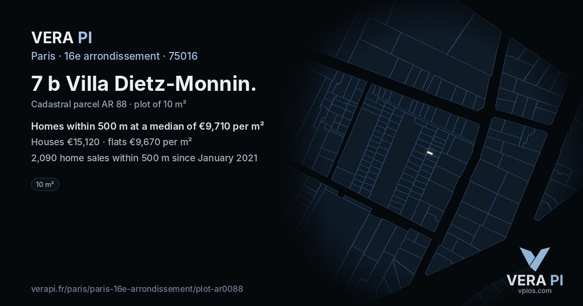 7 b Villa Dietz-Monnin, 16e arrondissement at night – the plot lit, the parcels around coloured by the prices near them