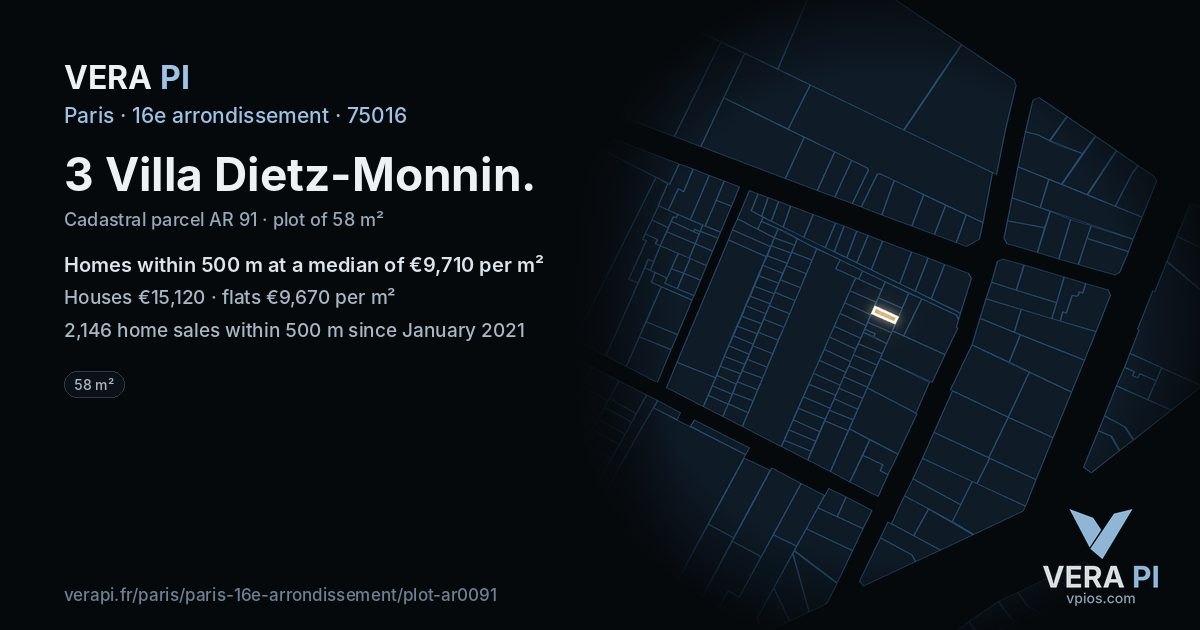 3 Villa Dietz-Monnin, 16e arrondissement at night – the plot lit, the parcels around coloured by the prices near them