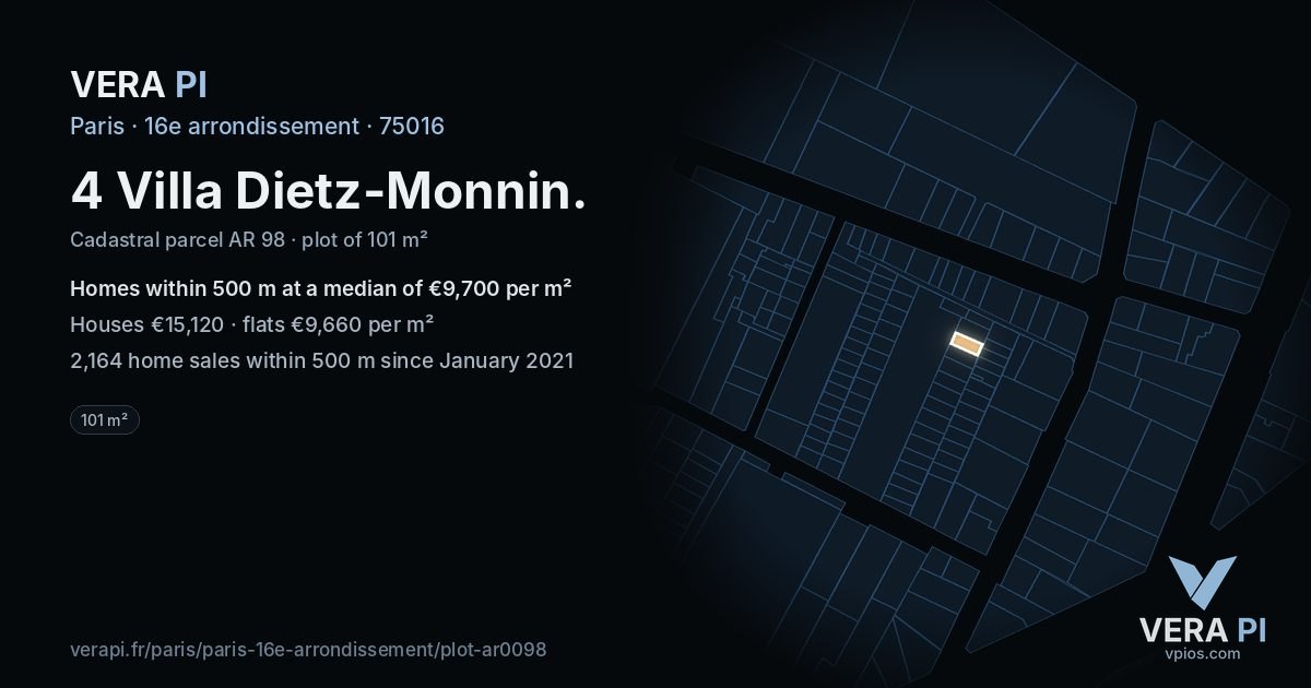 4 Villa Dietz-Monnin, 16e arrondissement at night – the plot lit, the parcels around coloured by the prices near them