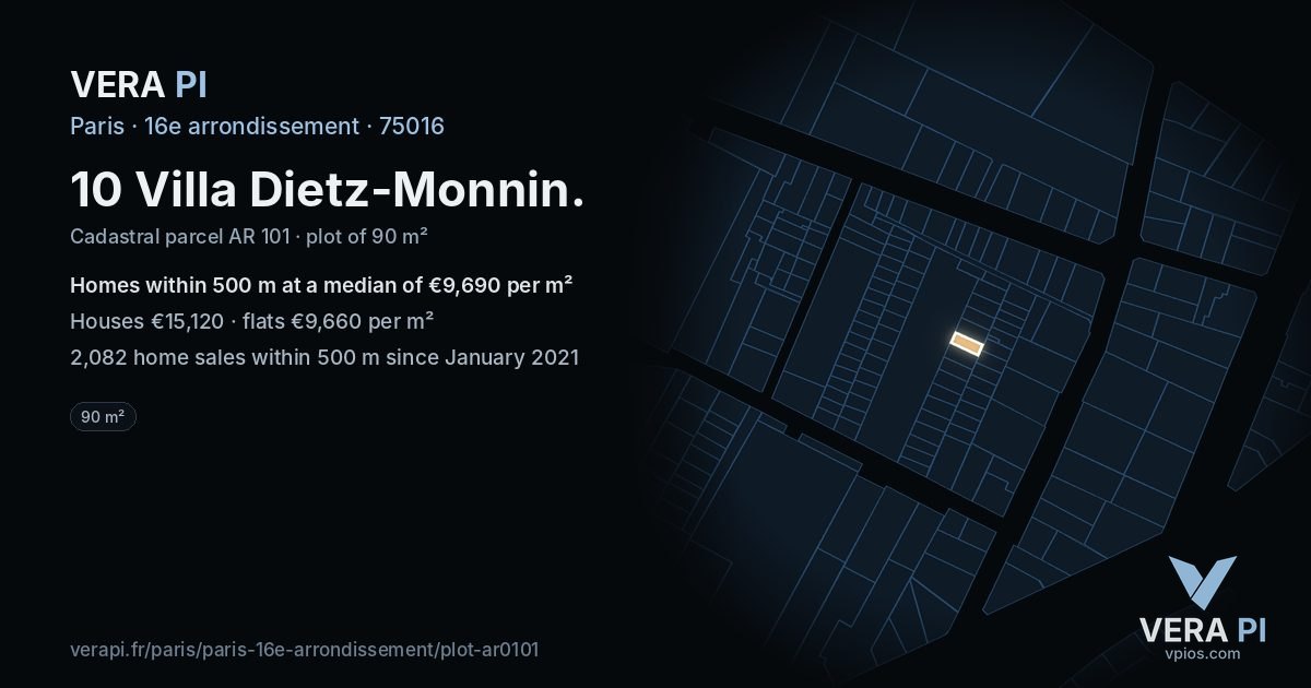 10 Villa Dietz-Monnin, 16e arrondissement at night – the plot lit, the parcels around coloured by the prices near them