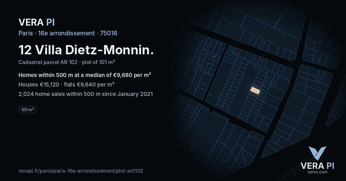 12 Villa Dietz-Monnin, 16e arrondissement at night – the plot lit, the parcels around coloured by the prices near them