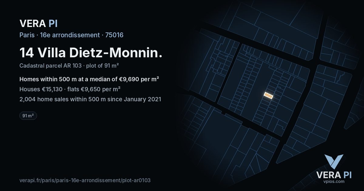 14 Villa Dietz-Monnin, 16e arrondissement at night – the plot lit, the parcels around coloured by the prices near them
