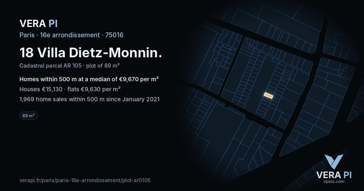 18 Villa Dietz-Monnin, 16e arrondissement at night – the plot lit, the parcels around coloured by the prices near them