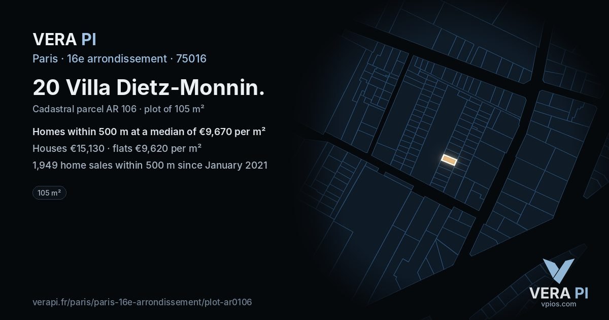 20 Villa Dietz-Monnin, 16e arrondissement at night – the plot lit, the parcels around coloured by the prices near them
