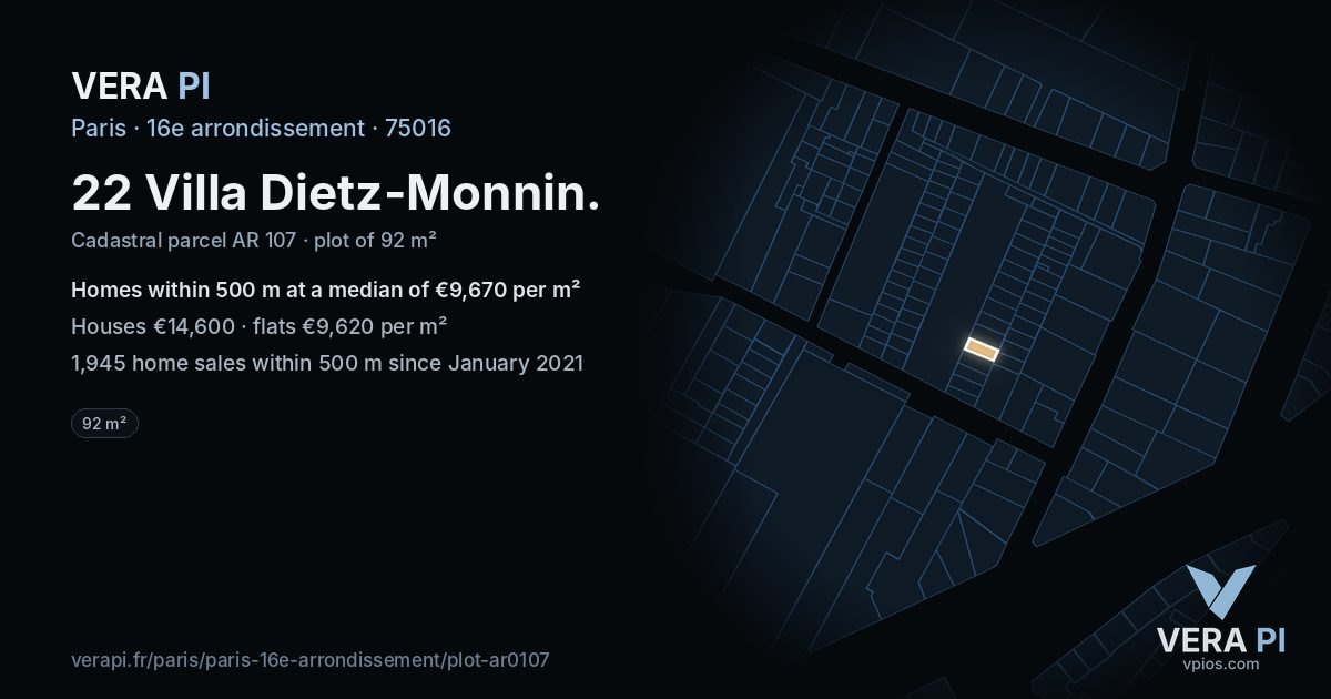 22 Villa Dietz-Monnin, 16e arrondissement at night – the plot lit, the parcels around coloured by the prices near them