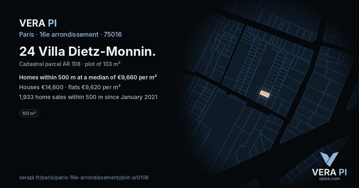 24 Villa Dietz-Monnin, 16e arrondissement at night – the plot lit, the parcels around coloured by the prices near them