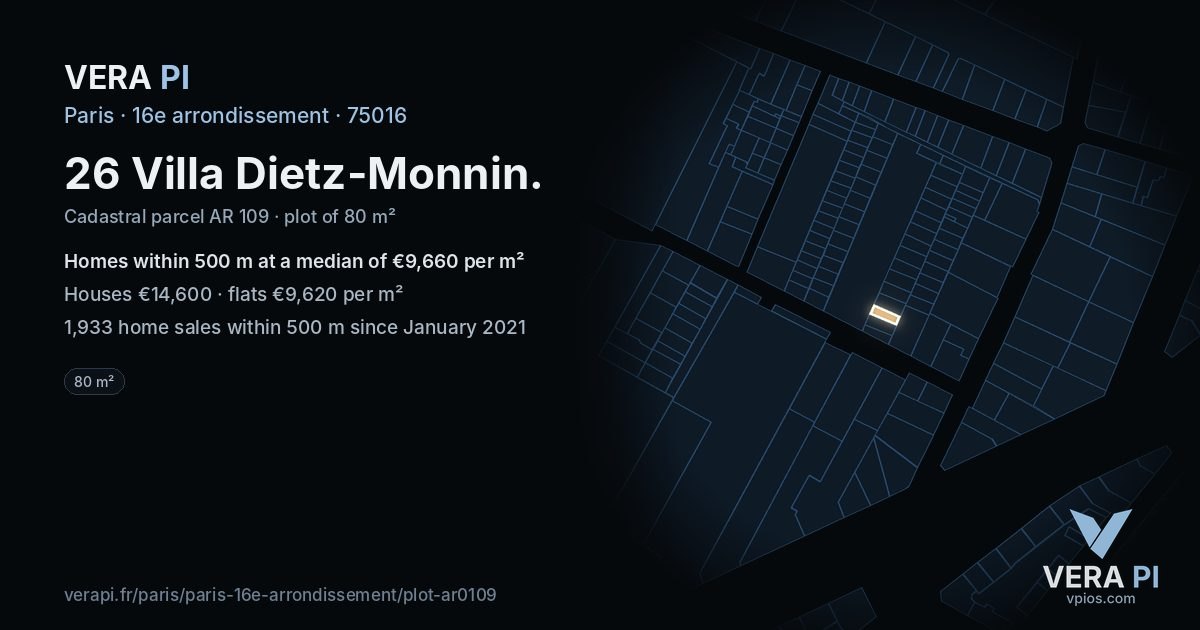 26 Villa Dietz-Monnin, 16e arrondissement at night – the plot lit, the parcels around coloured by the prices near them