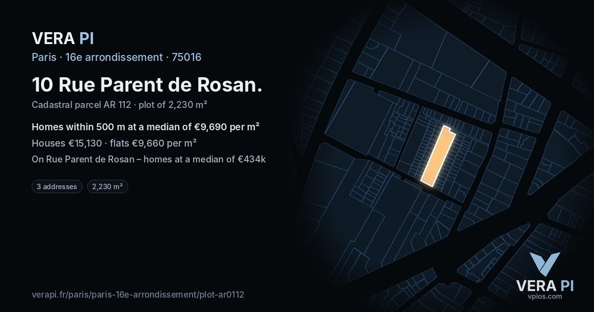 10 Rue Parent de Rosan, 16e arrondissement at night – the plot lit, the parcels around coloured by the prices near them