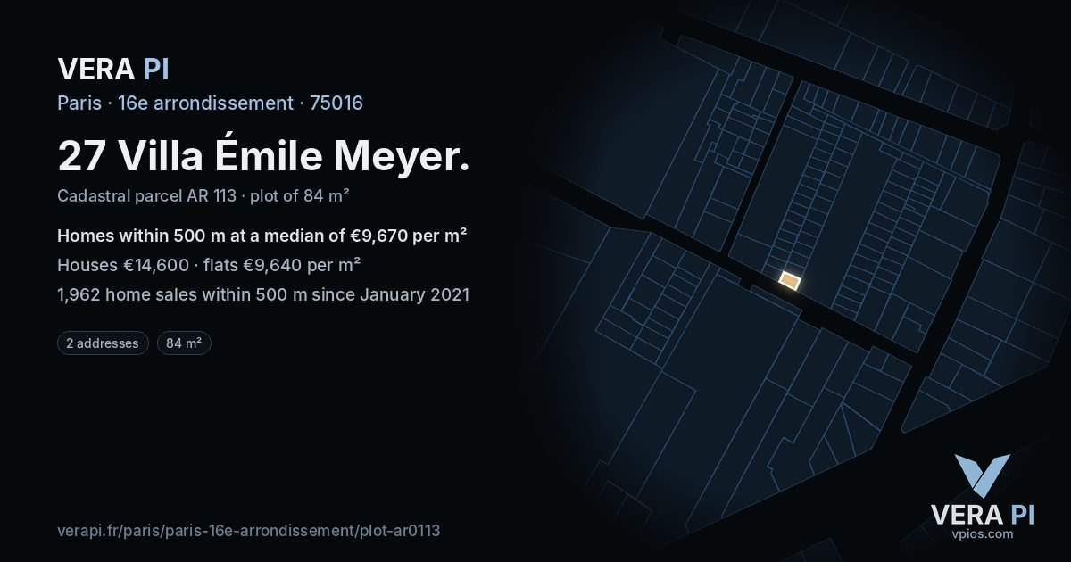 27 Villa Émile Meyer, 16e arrondissement at night – the plot lit, the parcels around coloured by the prices near them