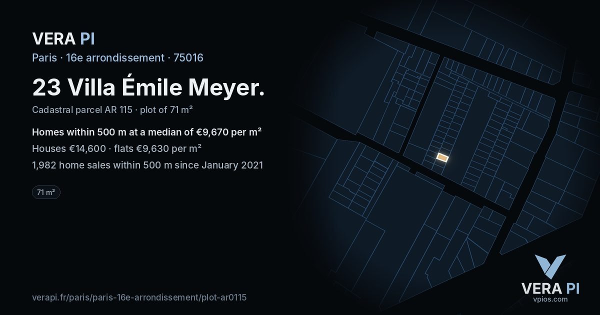 23 Villa Émile Meyer, 16e arrondissement at night – the plot lit, the parcels around coloured by the prices near them