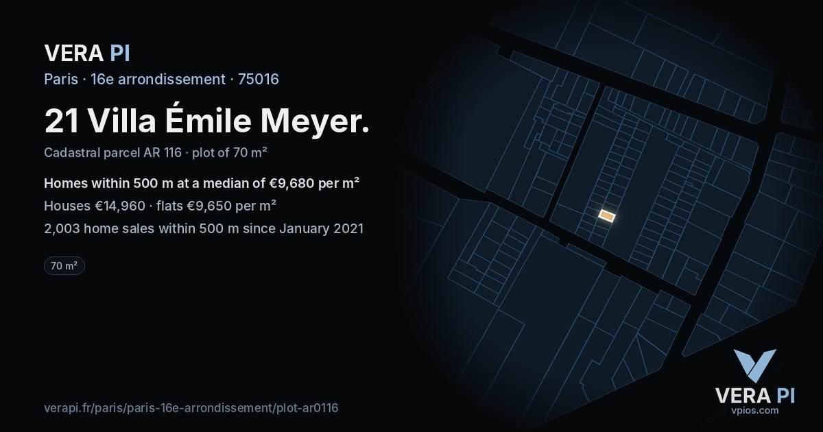 21 Villa Émile Meyer, 16e arrondissement at night – the plot lit, the parcels around coloured by the prices near them