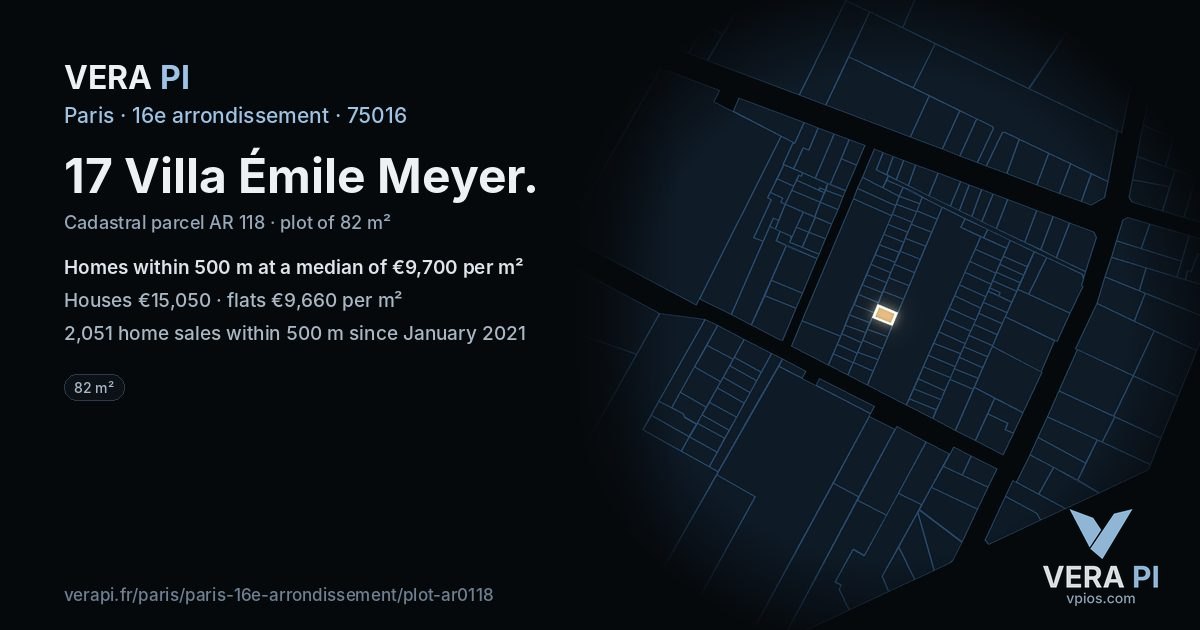 17 Villa Émile Meyer, 16e arrondissement at night – the plot lit, the parcels around coloured by the prices near them