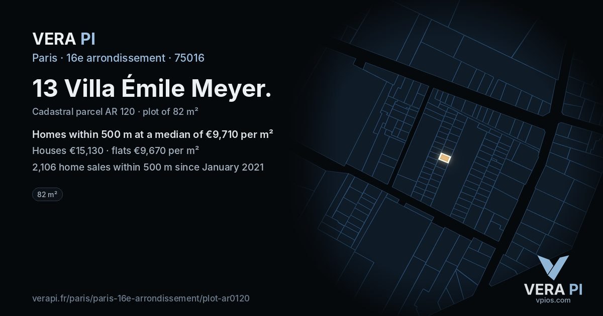 13 Villa Émile Meyer, 16e arrondissement at night – the plot lit, the parcels around coloured by the prices near them