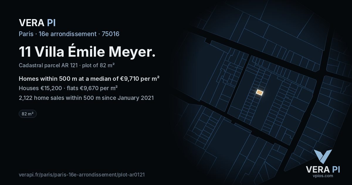 11 Villa Émile Meyer, 16e arrondissement at night – the plot lit, the parcels around coloured by the prices near them