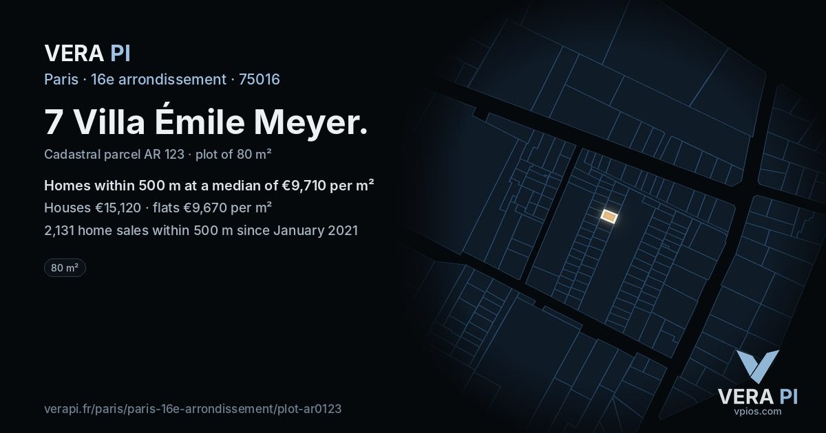 7 Villa Émile Meyer, 16e arrondissement at night – the plot lit, the parcels around coloured by the prices near them