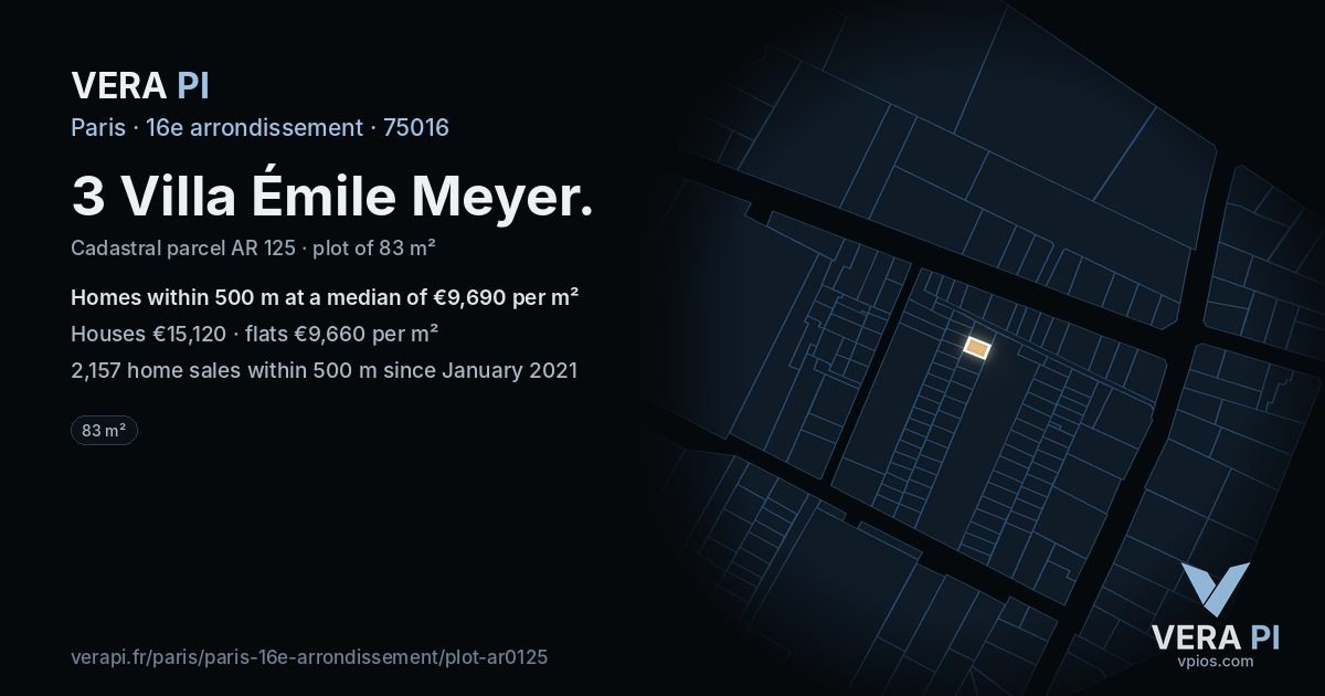 3 Villa Émile Meyer, 16e arrondissement at night – the plot lit, the parcels around coloured by the prices near them