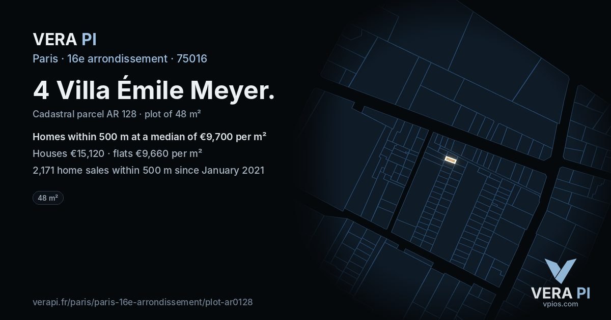 4 Villa Émile Meyer, 16e arrondissement at night – the plot lit, the parcels around coloured by the prices near them