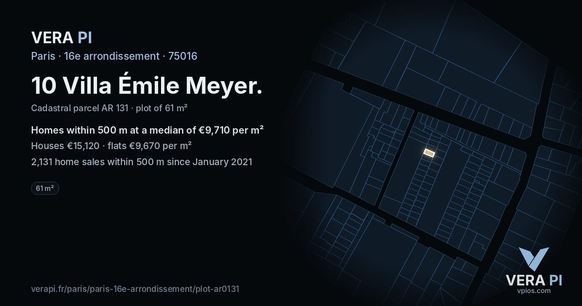 10 Villa Émile Meyer, 16e arrondissement at night – the plot lit, the parcels around coloured by the prices near them