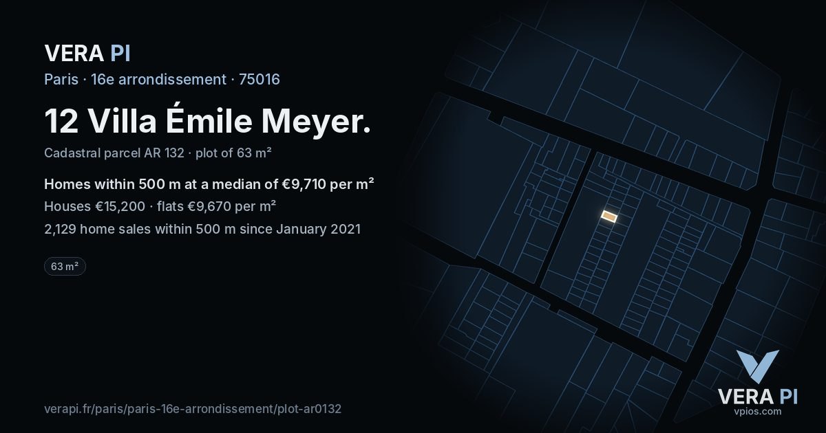 12 Villa Émile Meyer, 16e arrondissement at night – the plot lit, the parcels around coloured by the prices near them