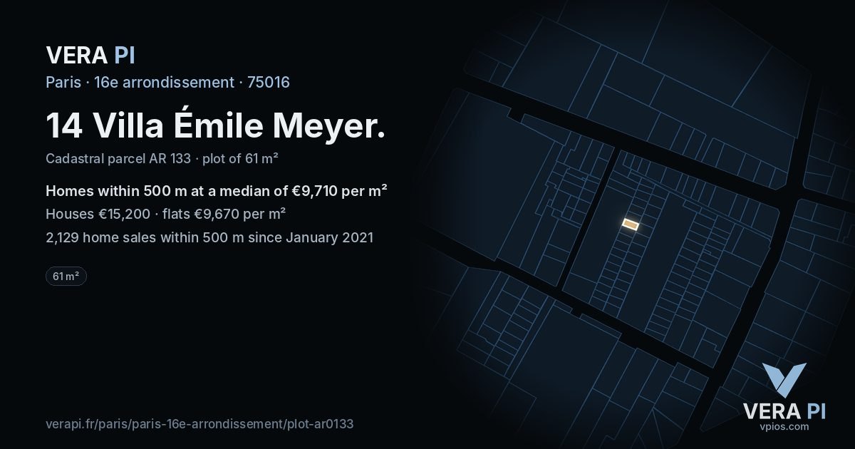 14 Villa Émile Meyer, 16e arrondissement at night – the plot lit, the parcels around coloured by the prices near them