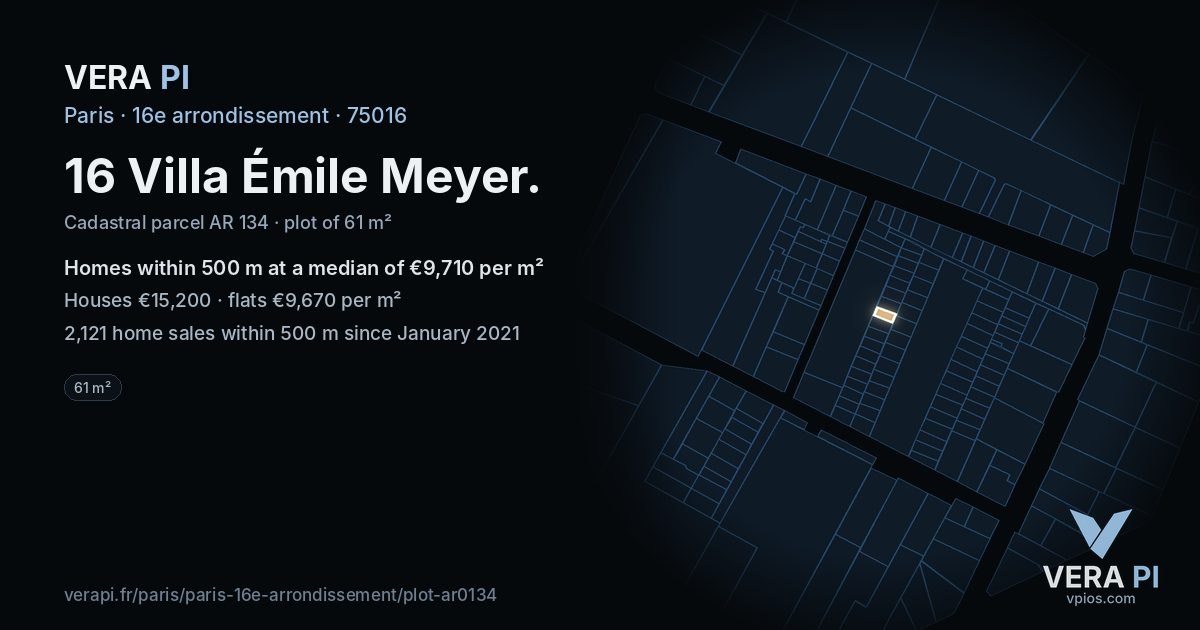 16 Villa Émile Meyer, 16e arrondissement at night – the plot lit, the parcels around coloured by the prices near them