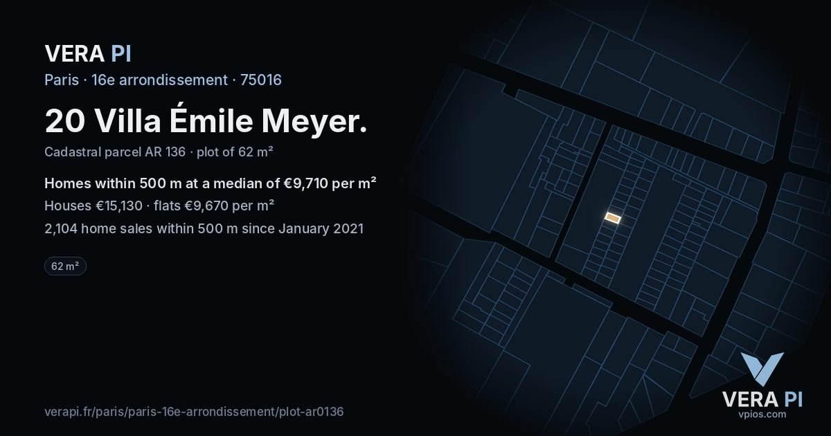 20 Villa Émile Meyer, 16e arrondissement at night – the plot lit, the parcels around coloured by the prices near them