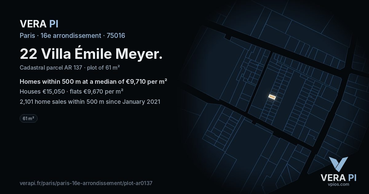 22 Villa Émile Meyer, 16e arrondissement at night – the plot lit, the parcels around coloured by the prices near them