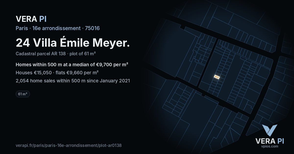 24 Villa Émile Meyer, 16e arrondissement at night – the plot lit, the parcels around coloured by the prices near them