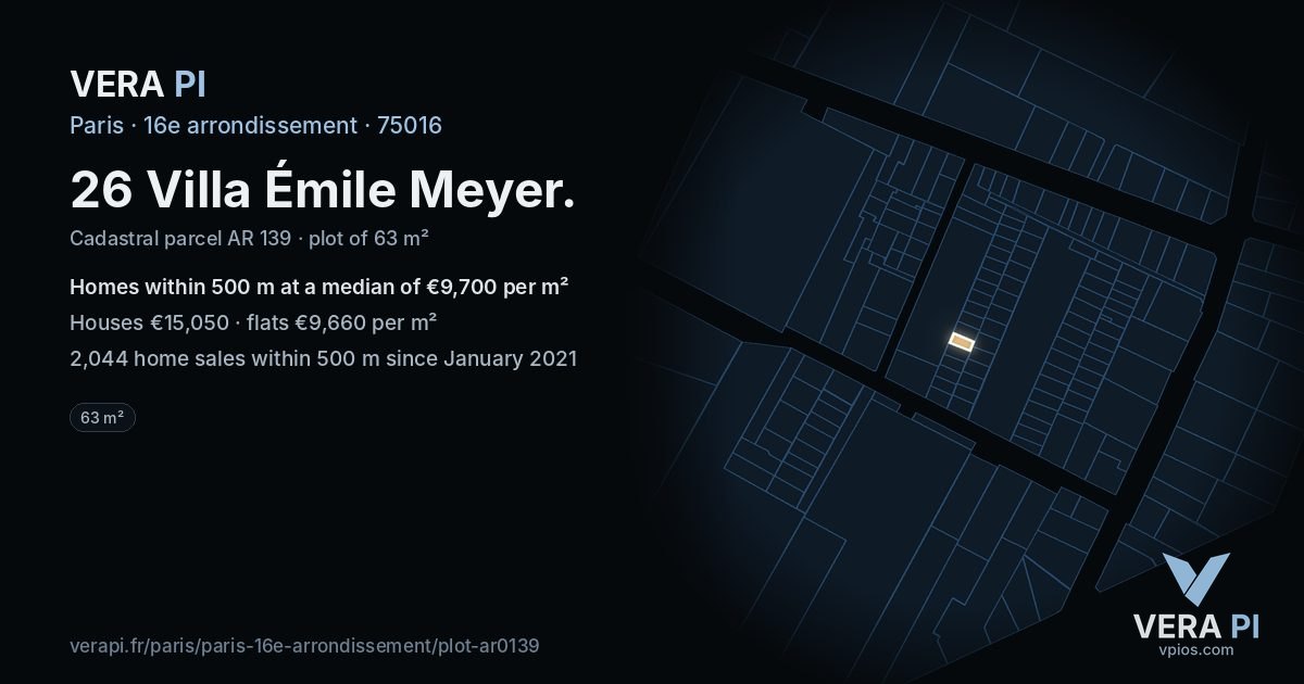26 Villa Émile Meyer, 16e arrondissement at night – the plot lit, the parcels around coloured by the prices near them