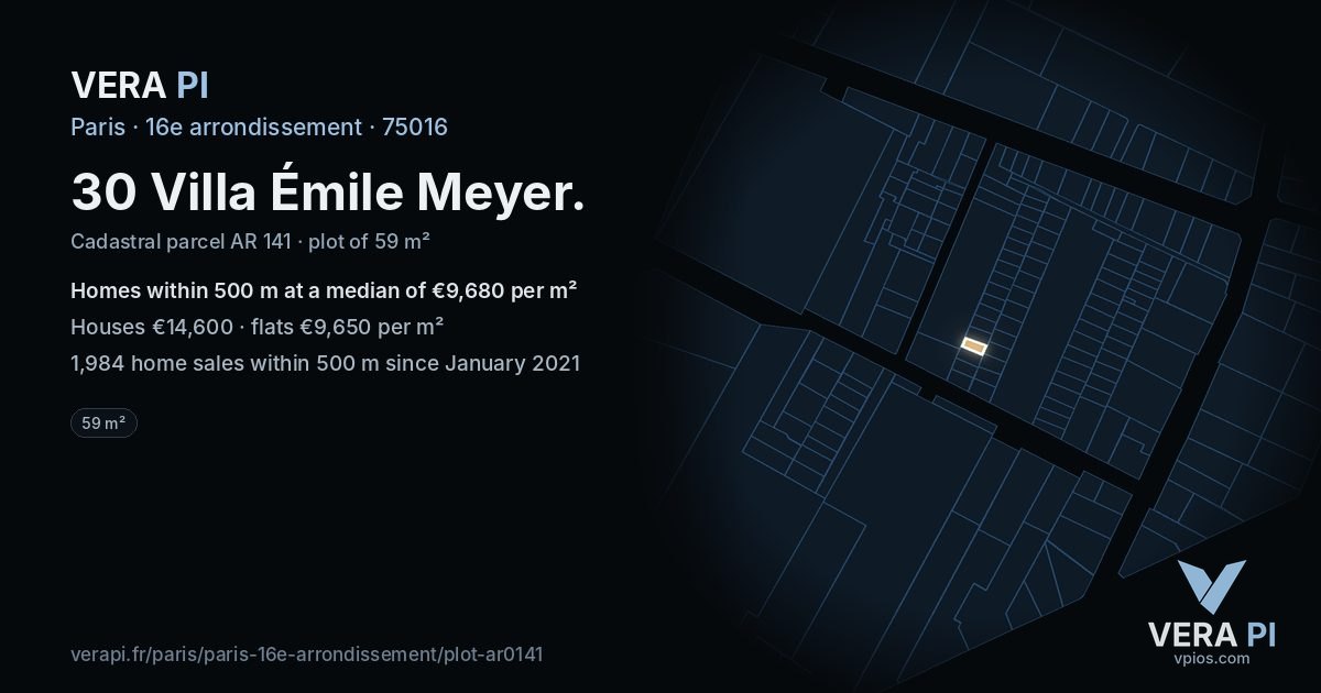 30 Villa Émile Meyer, 16e arrondissement at night – the plot lit, the parcels around coloured by the prices near them