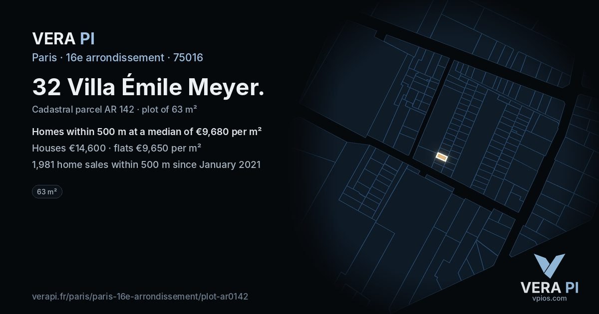 32 Villa Émile Meyer, 16e arrondissement at night – the plot lit, the parcels around coloured by the prices near them