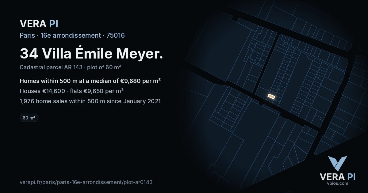 34 Villa Émile Meyer, 16e arrondissement at night – the plot lit, the parcels around coloured by the prices near them