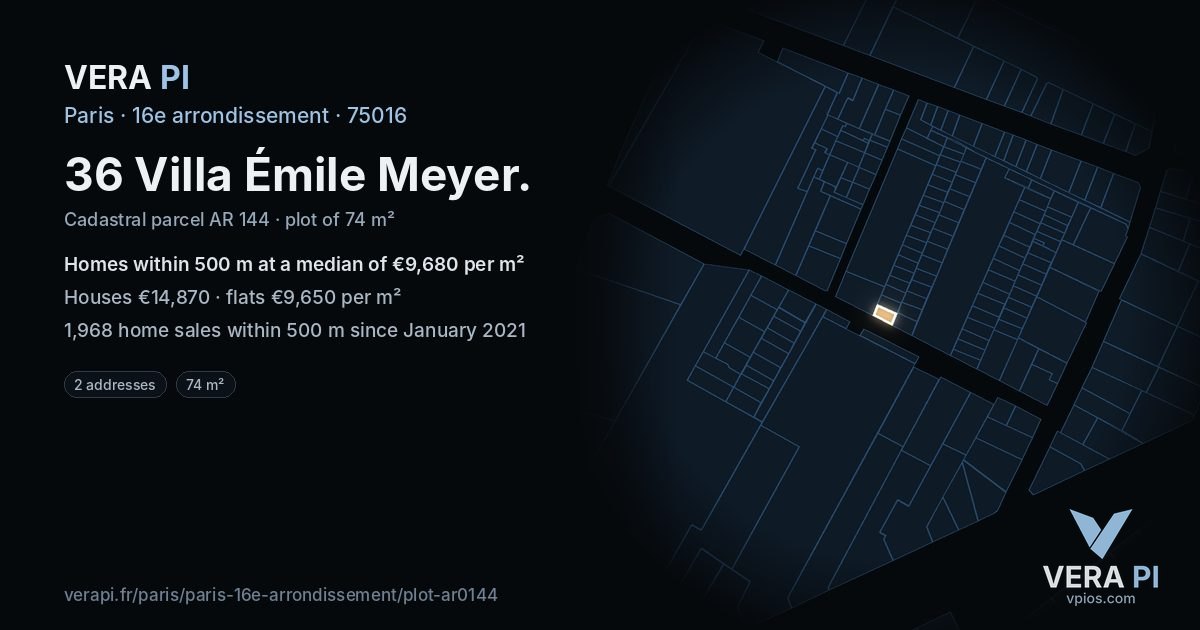 36 Villa Émile Meyer, 16e arrondissement at night – the plot lit, the parcels around coloured by the prices near them