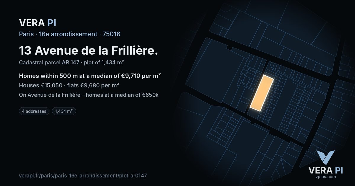 13 Avenue de la Frillière, 16e arrondissement at night – the plot lit, the parcels around coloured by the prices near them