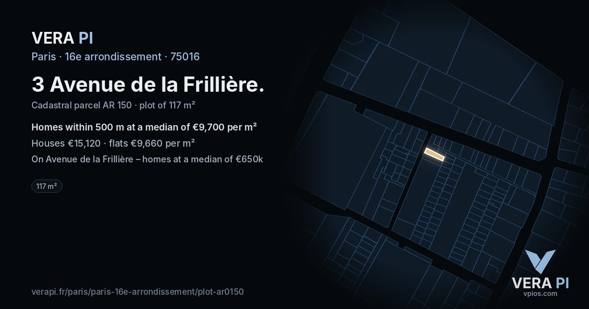 3 Avenue de la Frillière, 16e arrondissement at night – the plot lit, the parcels around coloured by the prices near them
