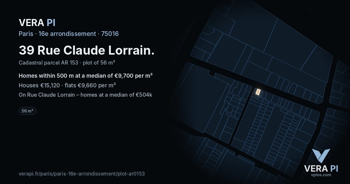 39 Rue Claude Lorrain, 16e arrondissement at night – the plot lit, the parcels around coloured by the prices near them